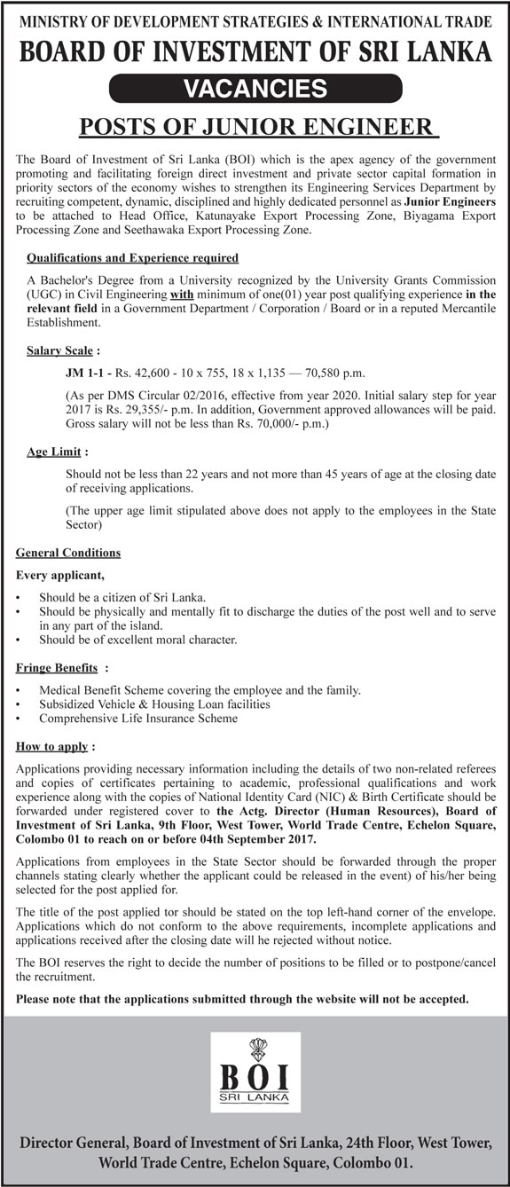 Junior Engineer - Board of Investment of Sri Lanka